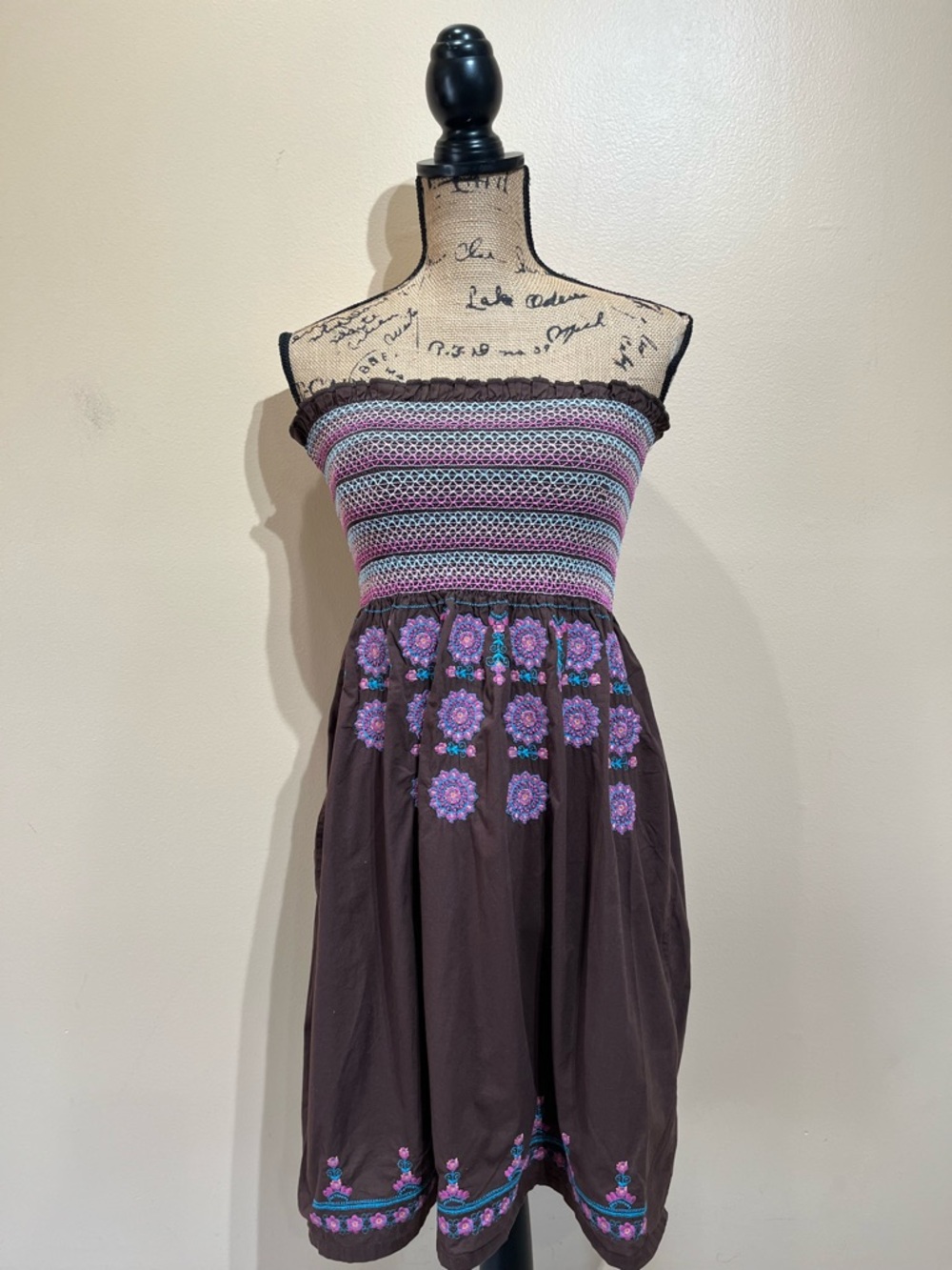 Moda International Smocked Strapless Brown Boho Dress with Embroidered Floral